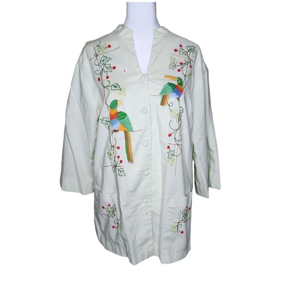 Vintage 60s Mexican Smock Top Tunic Shirt Womens Size L Green Embroidered Parrot
